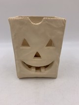 Ceramic Small Brown Paper Bag Pumpkin Face Candle Holder - $10.40