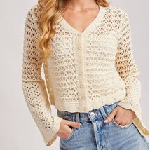 Button-Down Open-Knit Crochet Cardigan Ecru Small - $44.55