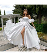 Removable Puff Sleeve Satin Wedding Dress High Slit Side A-line Simple S... - £736.53 GBP