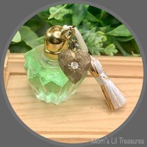 Green Gold Top White Tassel Heart Charm 1.25” Tall • Doll Size Perfume Bottle - £7.67 GBP