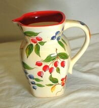 FTD Ceramic Pitcher Jug Vase Red &amp; Blue Berries Red Lined Top Retired - $24.74