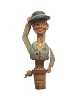 Vintage Hand Carved Wooden Mechanical Cork Wine Stopper Man Tilting Hat - £15.74 GBP