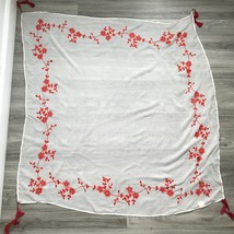 Chan Luu Embroidered Scarf 41” Square TasselWhite Red Floral  Cotton Sem... - $45.42