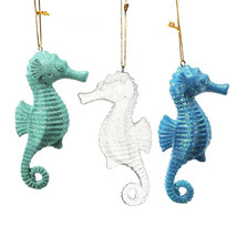 Hand Painted Set Of 3 Seahorse Coastal Nautical Xmas Ornaments w/ Glitter Detail - £13.21 GBP