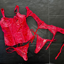 Victoria&#39;s Secret Designer Collection 36C Corset Set+Garter+L Thongs Red Lace - £133.36 GBP