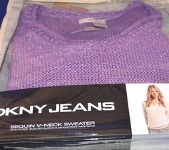 DKNY Jeans Sequin V Neck 3/4 Sleeve drawstring waist Sweater  Purple Sz L - $27.08