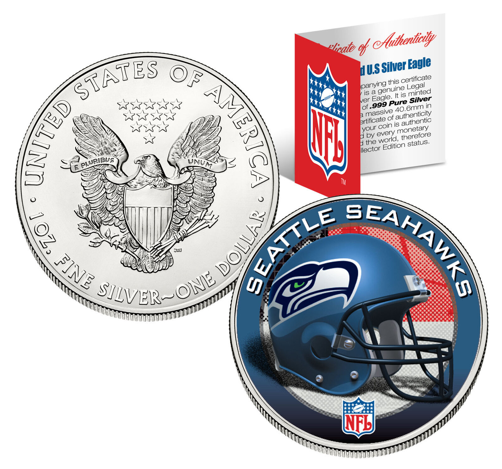 Primary image for SEATTLE SEAHAWKS 1 Oz American Silver Eagle $1 US Coin Colorized NFL LICENSED