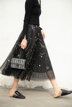 Black Pleated Long Tulle Skirt Outfit Women Pleated Tulle Holiday Skirt image 3