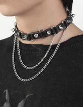 Mens black leather choker with chains and silver studs - £9.75 GBP