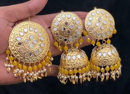 Mirror Rajasthani Jaipuri Gold Plated Tikka Earrings Jewelry Set Bridal ... - £26.57 GBP