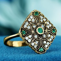 Natural Emerald and Diamond Rhombus Filigree Ring in Solid 9K Yellow Gold - £1,122.56 GBP