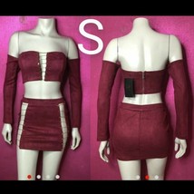 Burgundy Two Piece Thick Suede Top &amp; Skirt Set Size S - £43.85 GBP