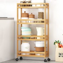 4-Tier Bamboo Kitchen Rolling Cart, Removable Wood Trolley Island Cart, And - £43.92 GBP