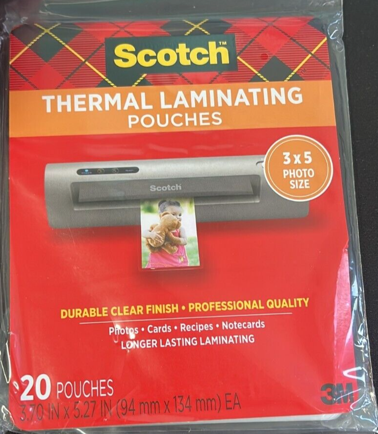 Scotch Photo size thermal laminating pouches, 5 mil,  20/pack, 3 x 5 photo size. - $14.84
