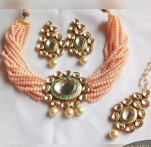 VeroniQ Trends-Elegant Choker Kundan Necklace With Peach Beads-Bridal-Wedding - £75.93 GBP