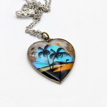 Tropical Butterfly Wing Pendant Necklace, Vintage Heart Shape with Reverse Paint - £53.36 GBP