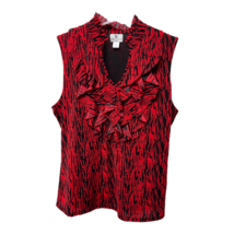 Worthington Womens Blouse Red Abstract Sleeveless Notch Neck Ruffles Petites PM - £11.94 GBP
