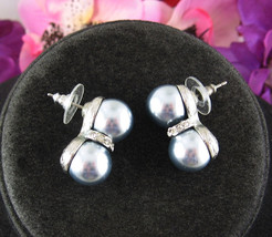 GLASS Silvery BEADS &amp; RHINESTONES Earrings Vintage Pierced Posts Silvertone - £13.39 GBP
