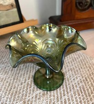 Antique Imperial Green Carnival Glass Ruffled Footed Compote Dish - $32.00