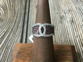 SIZE 5 -  SILVER TONE RED PAVE CZ WIDE BAND WEDDING RING  - £14.14 GBP