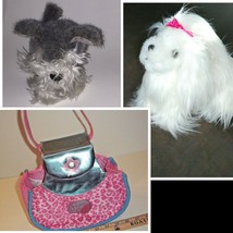 Battat Pucci Pup Gray Schnauzer &amp; White Puppy Long Hair Pink Ribbon Bow. Carrier - £12.50 GBP
