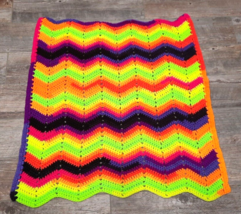 VTG Hand Crocheted Neon Zig-zag Striped Small Throw Lap Blanket Afghan 29&quot;x32&quot; - £8.03 GBP