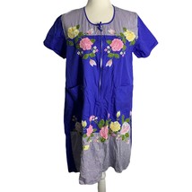 Vintage Embroidered Shift Dress M Blue Floral Pockets Zip Front Short Sleeves - £32.95 GBP