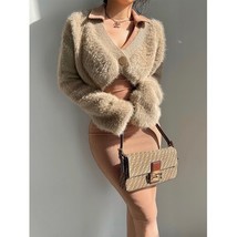 Sexy V-Neck Plush Coat Short Top Imitation Mink Hair Cardigan Women Fashion Plus - £38.38 GBP