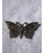 Silver Tone Marcasite &amp; Amethyst Butterfly Brooch Pin **FREE SHIPPING** - £11.64 GBP