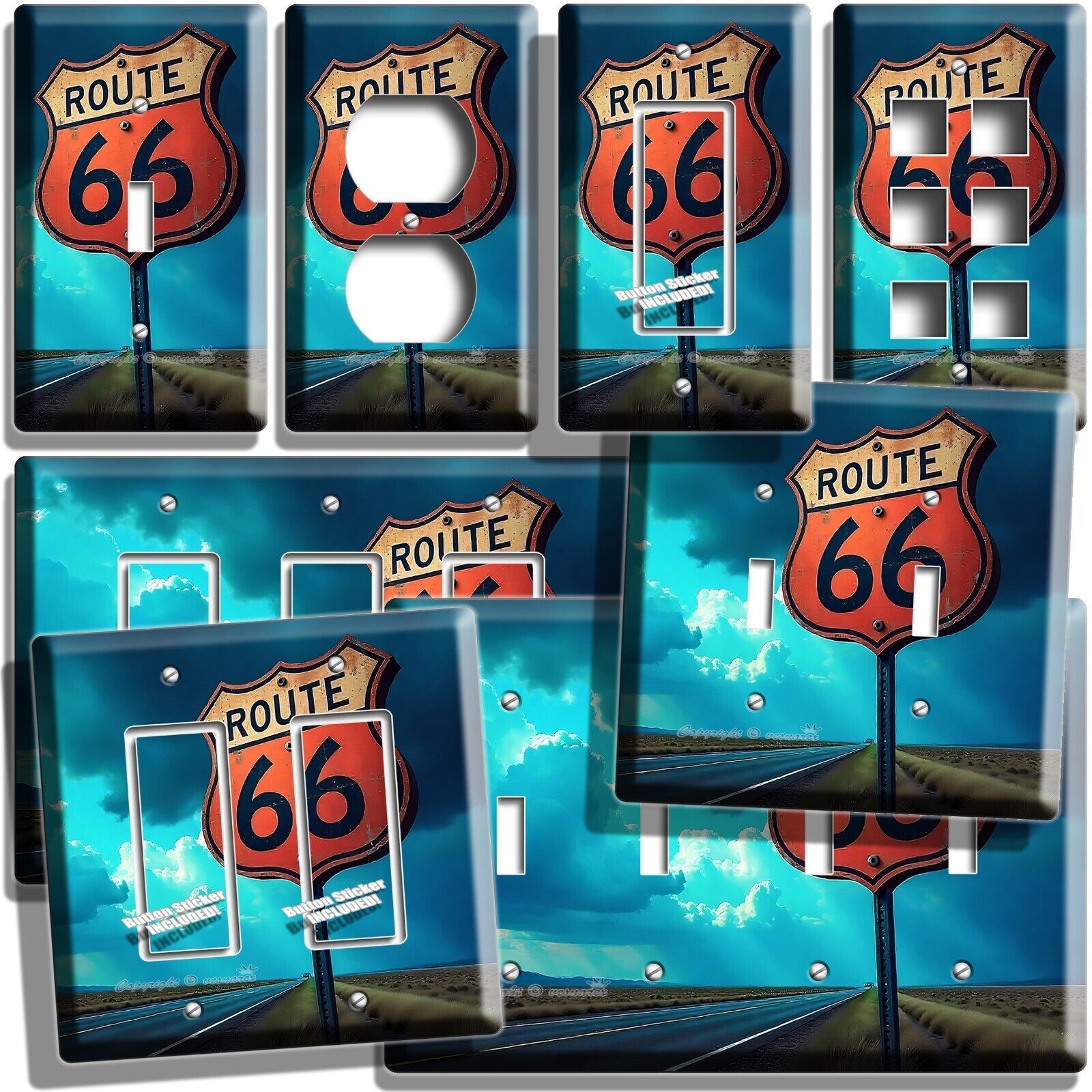 ROUTE 66 ROAD SIGN LIGHT SWITCH OUTLET WALL PLATES GARAGE REPAIR SHOP ROOM DECOR