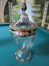 Victorian Hand Painted Glass Footed Covered Candy Dish Antique 13&quot; - £97.21 GBP