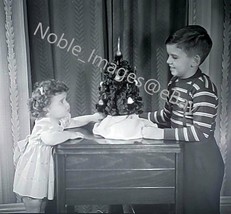1949 Toddler Sister Smiling Brother Christmas Picture Photo B&amp;W Negative - £3.48 GBP