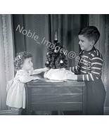 1949 Toddler Sister Smiling Brother Christmas Picture Photo B&amp;W Negative - £3.49 GBP
