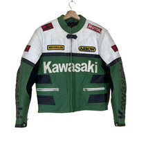 Men Kawasaki Customized Motorbike Racing Leather Jacket Genuine Cowhide ... - $189.55