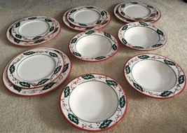 12 Furio Red Rim Holly Berry Leaves 4 Dinner &amp; Salad Plates + 4 Soup Bow... - £54.87 GBP