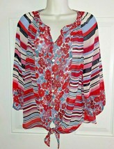 Anthropologie Fig &amp; Flower Red White Blue Boho Button Down Tunic Top Blouse PM - £12.75 GBP