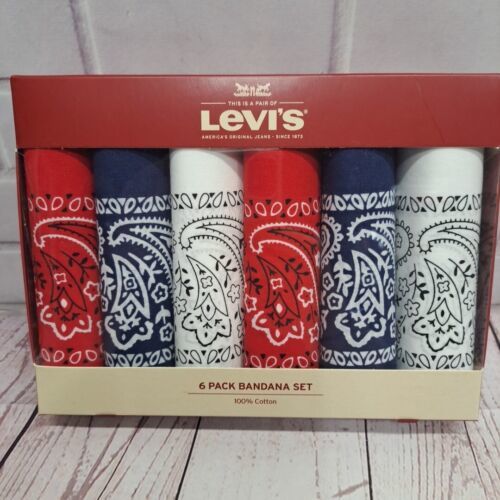 Levi's 6 Pack 100% Cotton Bandana Set   Red/Blue/White, New In Box