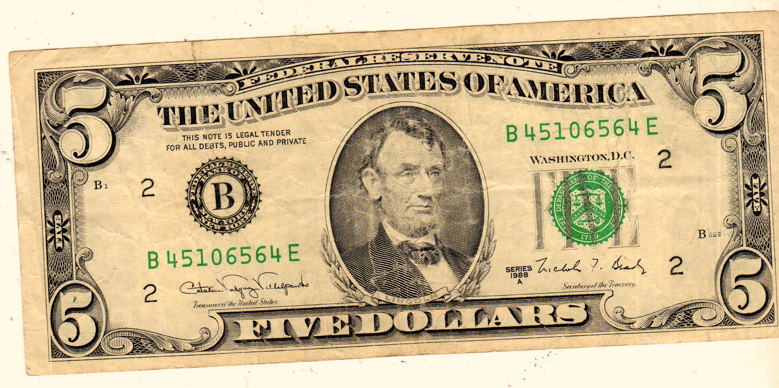 1988a $5 Federal Reserve Note $5 Bill New York  - $9.75