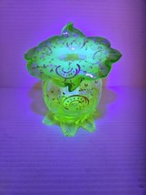 Uranium Glass Vase Victorian Jack In The Pulpit W/ Enamel Decor - $140.24