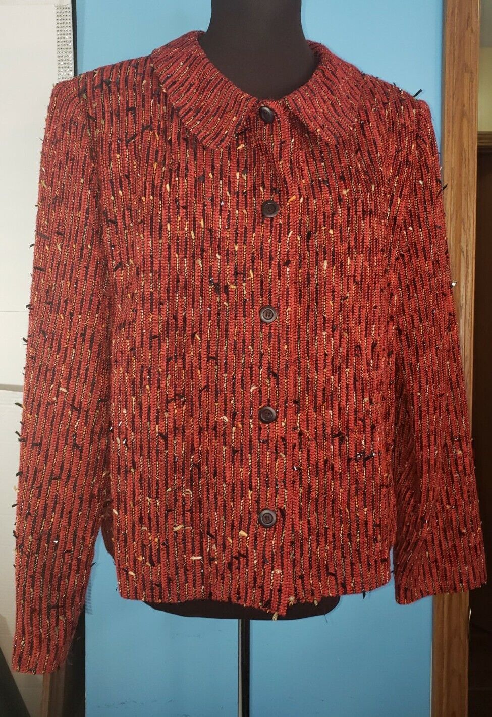 Revue Women&#39;s Wool Blend Lined Jacket Size 12 Holiday Red Black Fringe - $19.95
