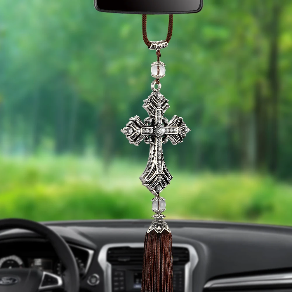 Metal And Crystal Diamond Cross Jesus Christian Car Rear View Mirror Car Pendant - £10.92 GBP