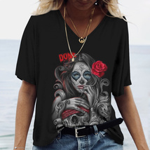 Dia de los muertos skull gothic steampunk Women&#39;s T Shirt Tops V Neck Ca... - £7.95 GBP
