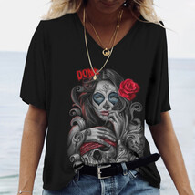 Dia de los muertos skull gothic steampunk Women&#39;s T Shirt Tops V Neck Ca... - £7.84 GBP