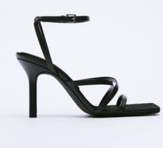 Zara Black Heeled Leather Sandals With Jute Insole Size Size 40 US9 - £66.52 GBP