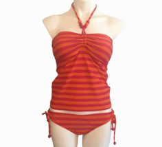 Old Navy Womens 2 Pc Swimsuit Size Medium Orange Pink Striped Beaded - £18.61 GBP