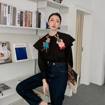 Rabbit embroidery japanese style blouse women casual loose black shirts 2022 spring new thumb200