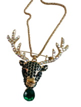 Betsey Johnson Rhinestone Green Christmas Holiday Reindeer Necklace Brooch - £15.55 GBP