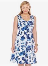 Chaps Cotton Dress Plus Size: 22 (2 Extra Large) New Ship Free White/Blue Floral - £103.53 GBP