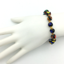 MILLEFIORI bead bracelet - black multicolor Murano glass gold-tone caps ... - $25.00
