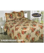 FANTASY ROSES BOUQUET TAUPE DECORATIVE BEDSPREAD SET WITH RUFLES 3PCS QU... - $44.54